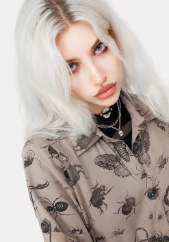Parasite Bugs Print Mini Short Sleeve Shirt Dress - Taupe