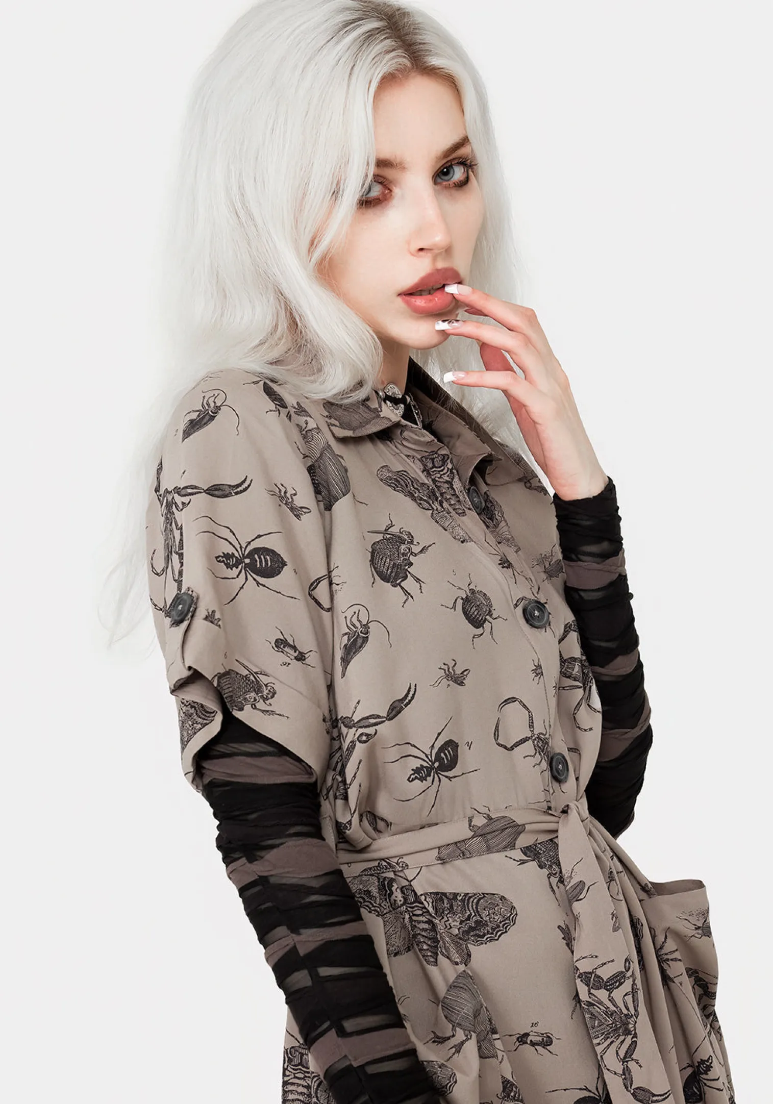 Parasite Bugs Print Mini Short Sleeve Shirt Dress - Taupe