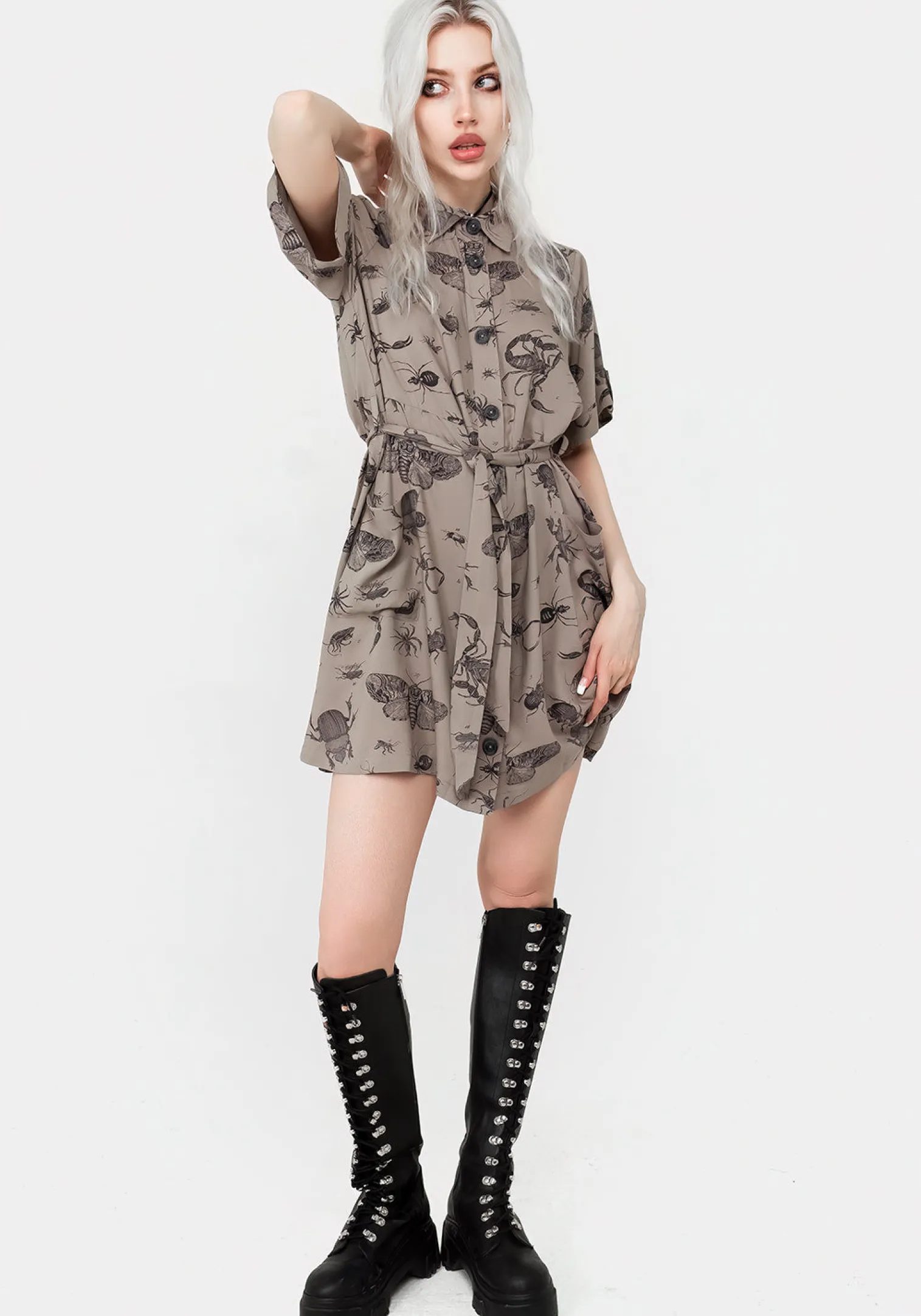 Parasite Bugs Print Mini Short Sleeve Shirt Dress - Taupe