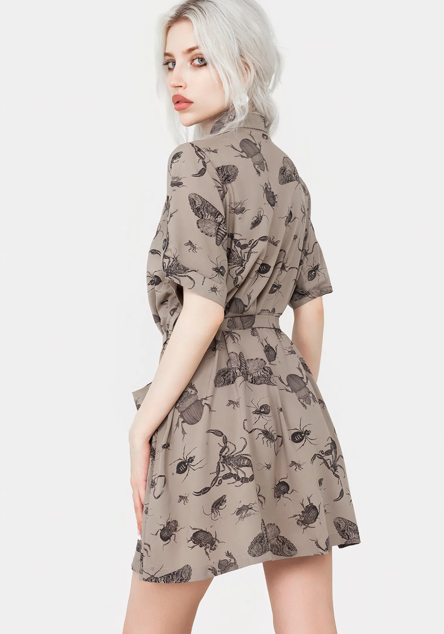 Parasite Bugs Print Mini Short Sleeve Shirt Dress - Taupe
