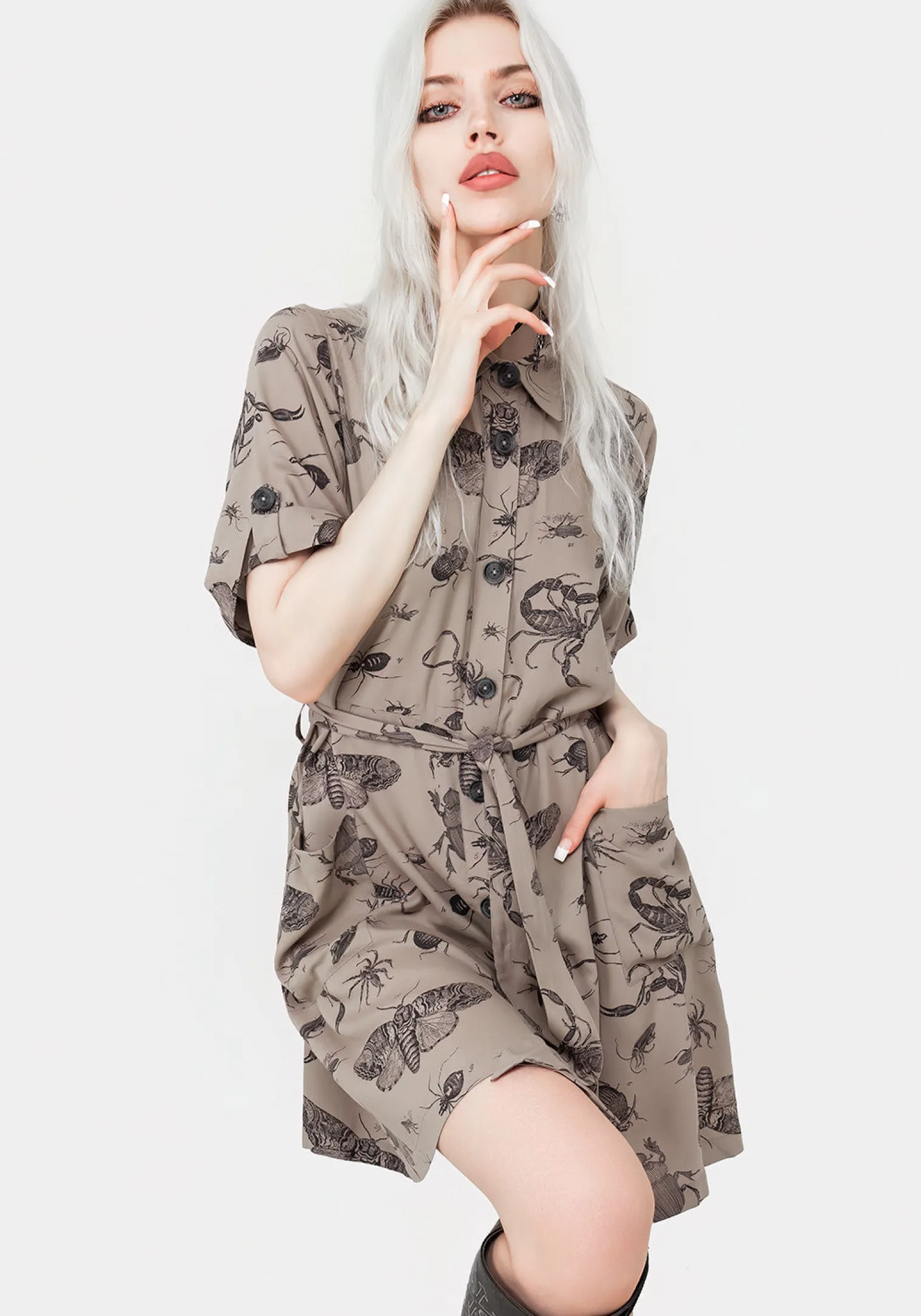Parasite Bugs Print Mini Short Sleeve Shirt Dress - Taupe