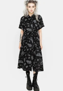 Parasite Bugs Short Sleeve Midi Shirt Dress - Black