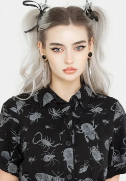 Parasite Bugs Short Sleeve Midi Shirt Dress - Black
