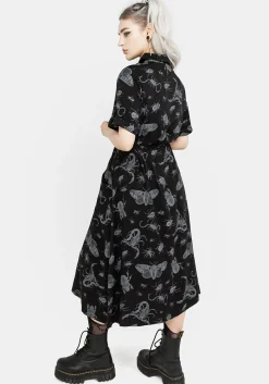 Parasite Bugs Short Sleeve Midi Shirt Dress - Black