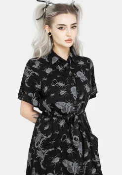 Parasite Bugs Short Sleeve Midi Shirt Dress - Black