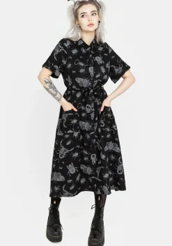 Parasite Bugs Short Sleeve Midi Shirt Dress - Black