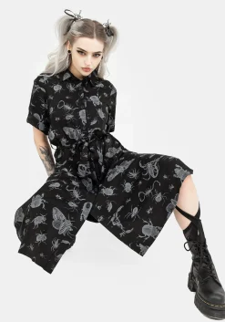Parasite Bugs Short Sleeve Midi Shirt Dress - Black