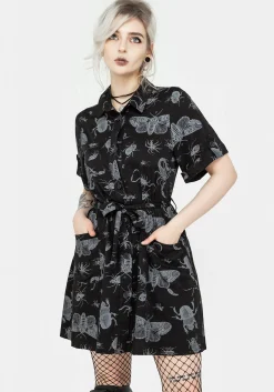 Parasite Bugs Short Sleeve Mini Shirt Dress - Black