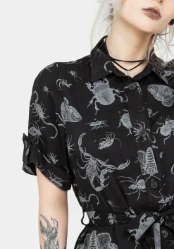 Parasite Bugs Short Sleeve Mini Shirt Dress - Black