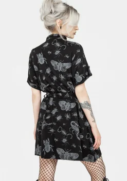 Parasite Bugs Short Sleeve Mini Shirt Dress - Black
