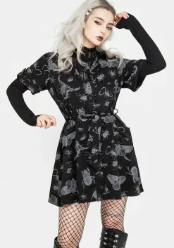 Parasite Bugs Short Sleeve Mini Shirt Dress - Black