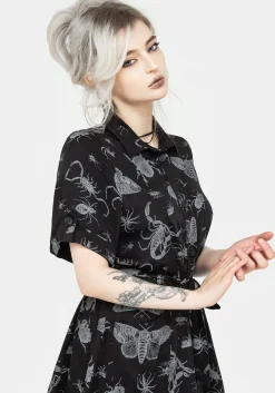 Parasite Bugs Short Sleeve Mini Shirt Dress - Black