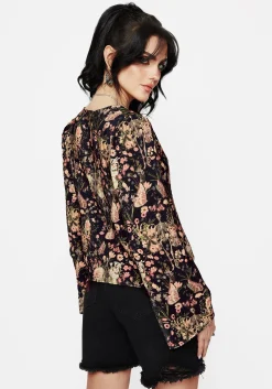 Pixie Floral Print Button Up Blouse Top