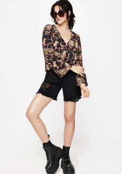 Pixie Floral Print Button Up Blouse Top