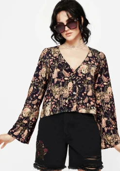 Pixie Floral Print Button Up Blouse Top