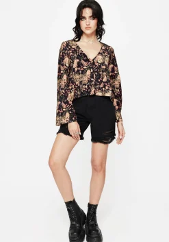 Pixie Floral Print Button Up Blouse Top