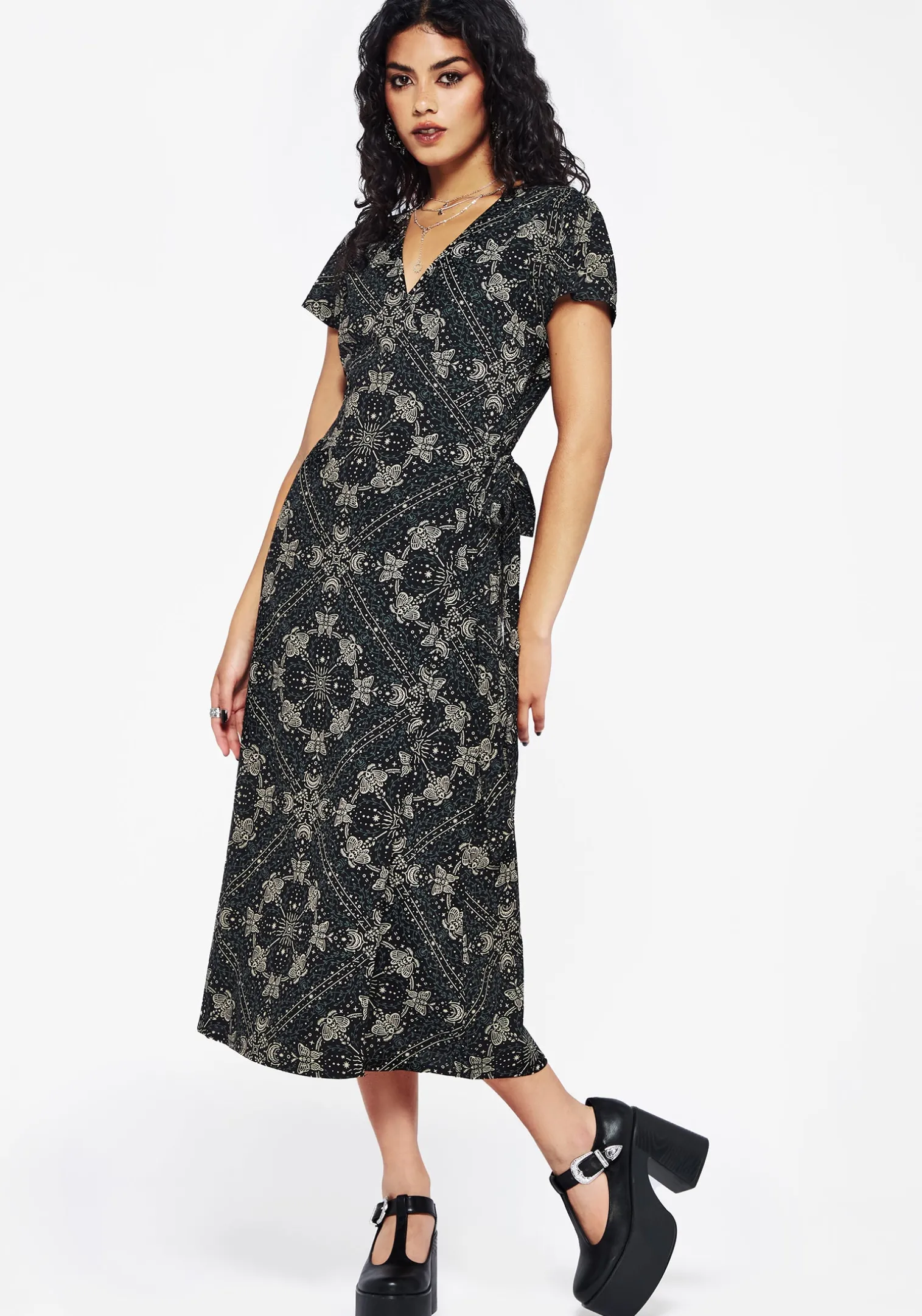 Poem Moth Printed Wrap Midi Dress