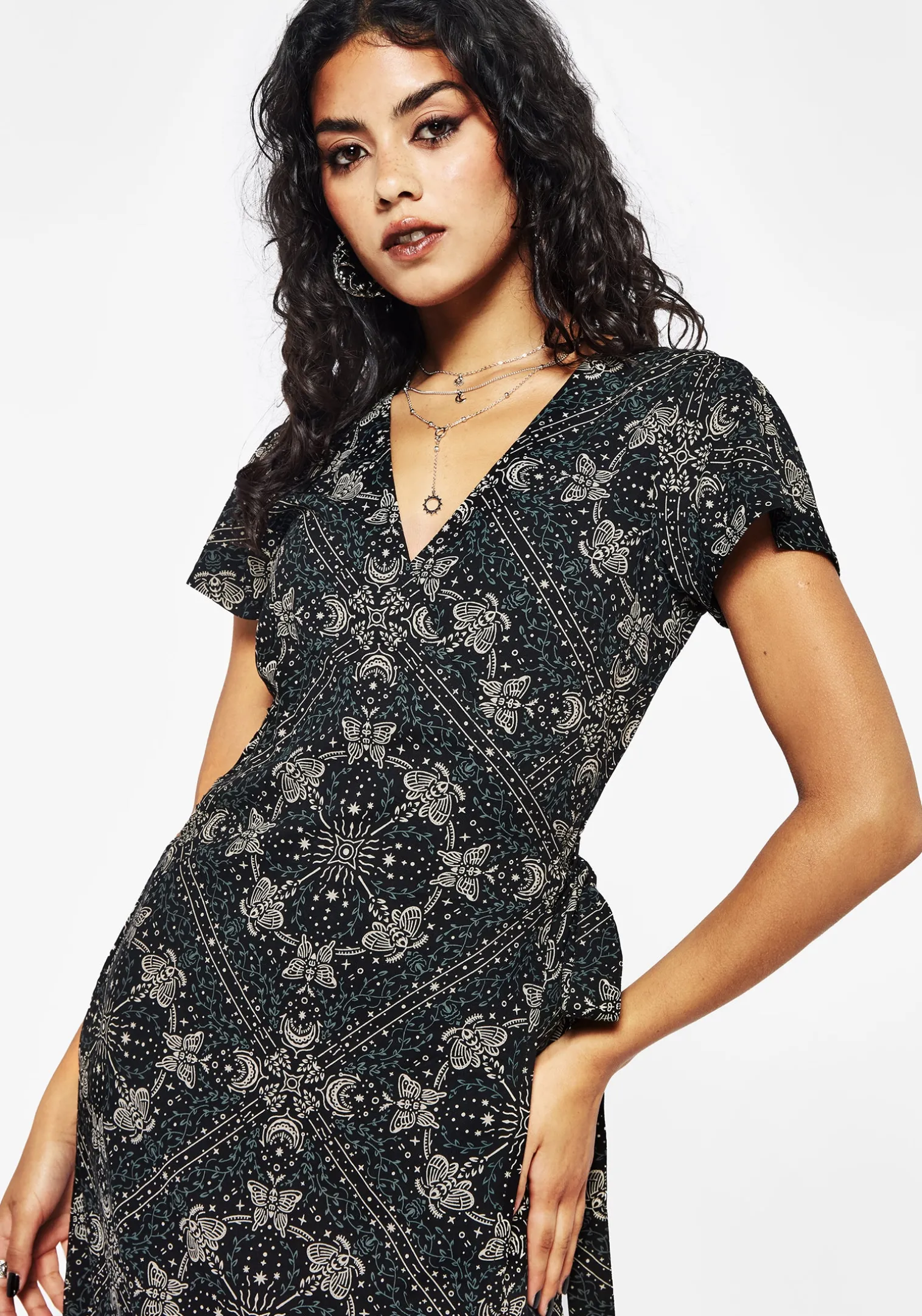 Poem Moth Printed Wrap Midi Dress