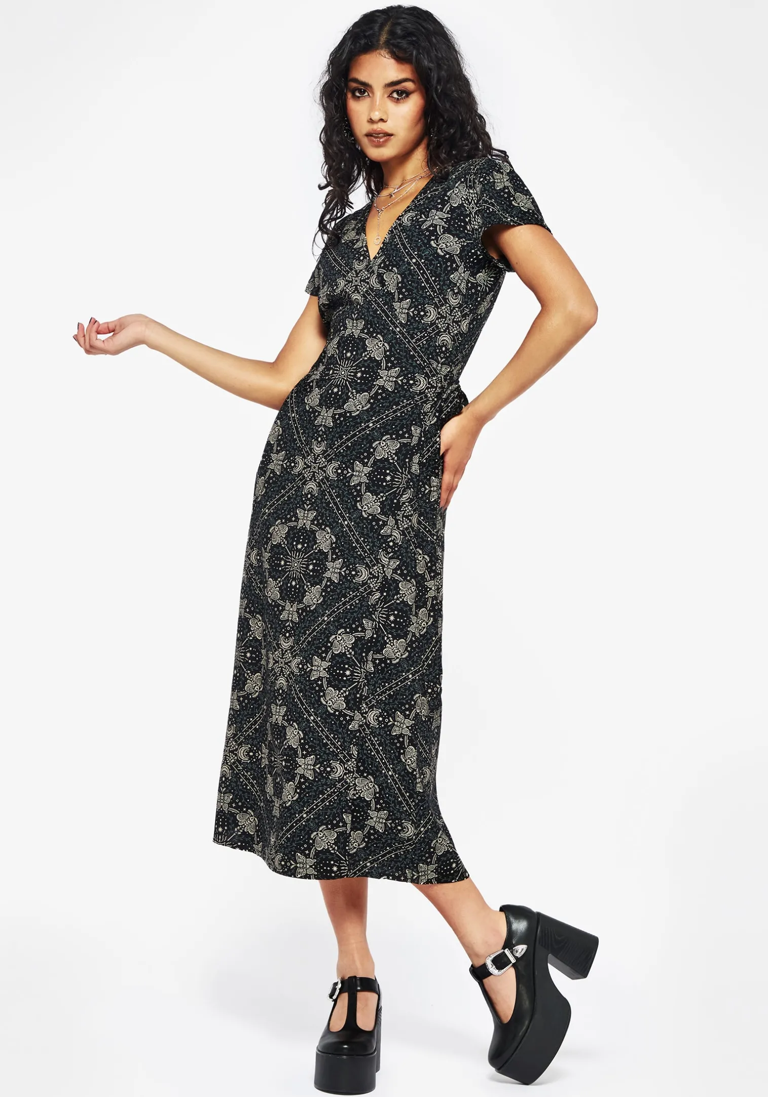 Poem Moth Printed Wrap Midi Dress