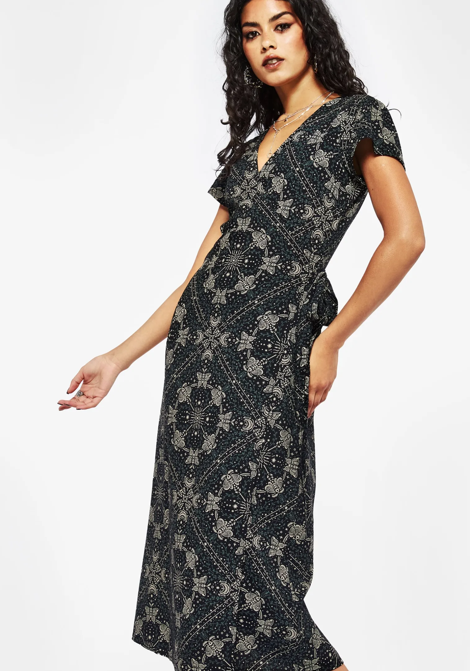 Poem Moth Printed Wrap Midi Dress