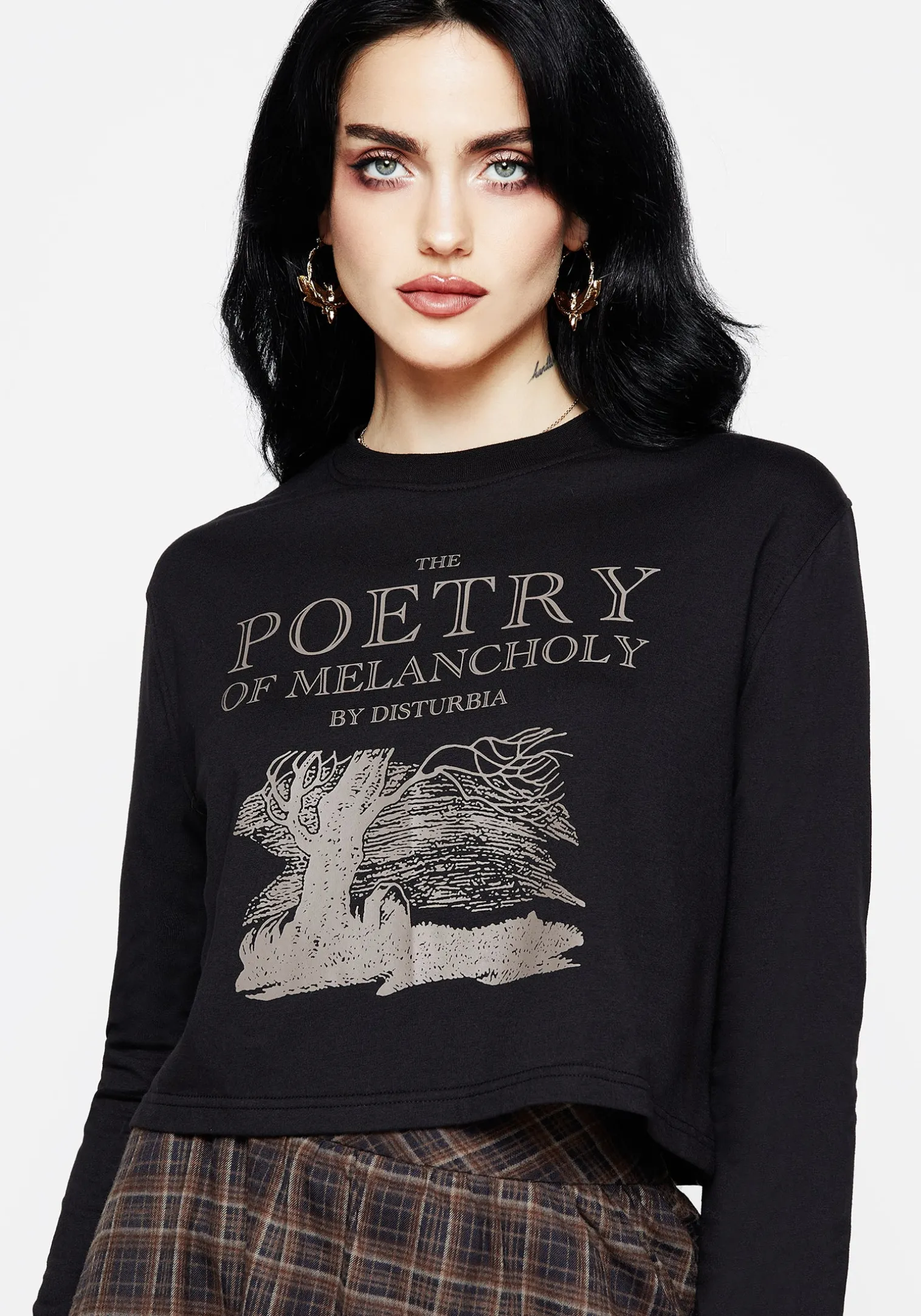 Poetry of Melancholy Graphic Print Long Sleeve Crop Top