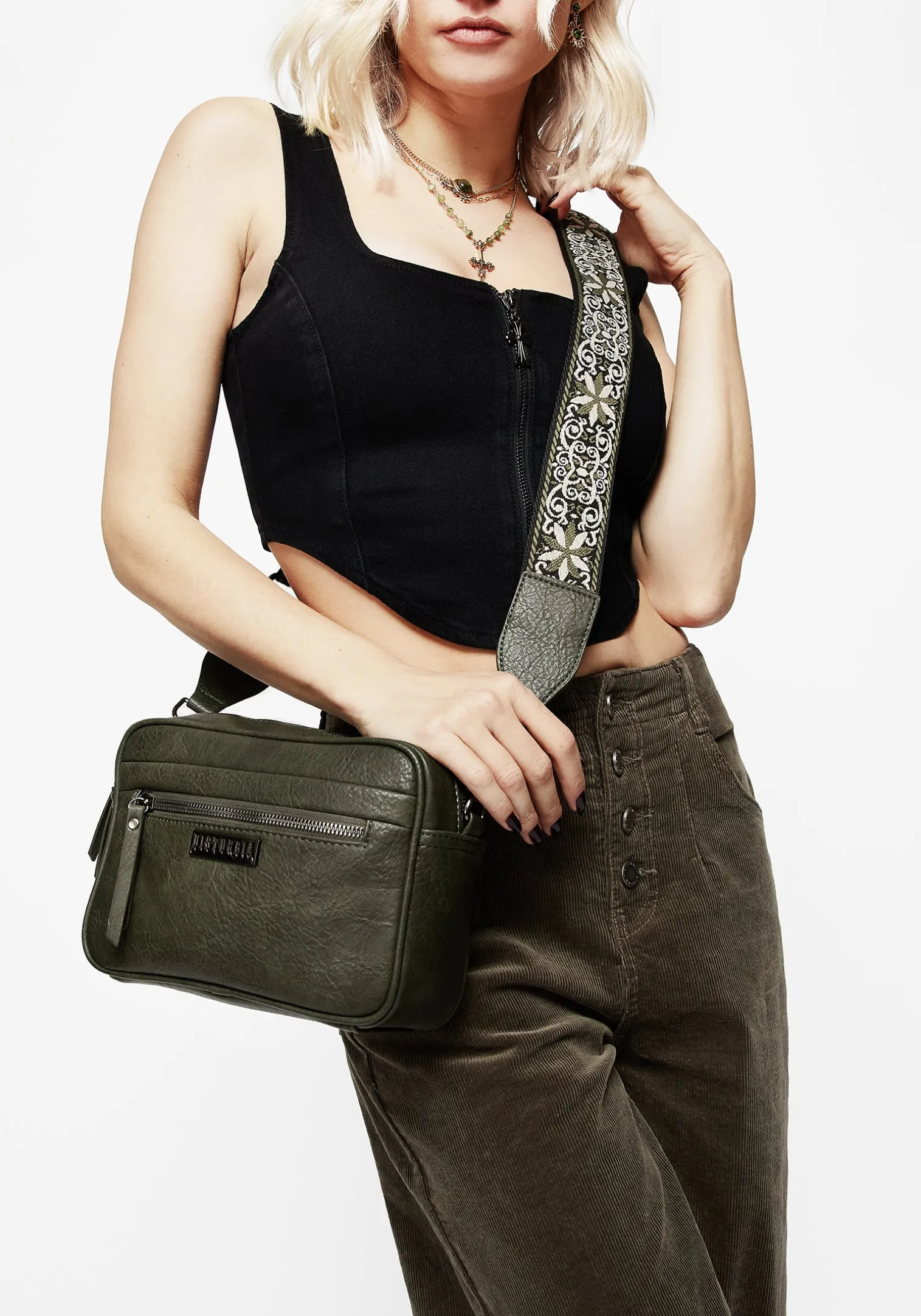 Portent Debossed Zip Front Crossbody Bag