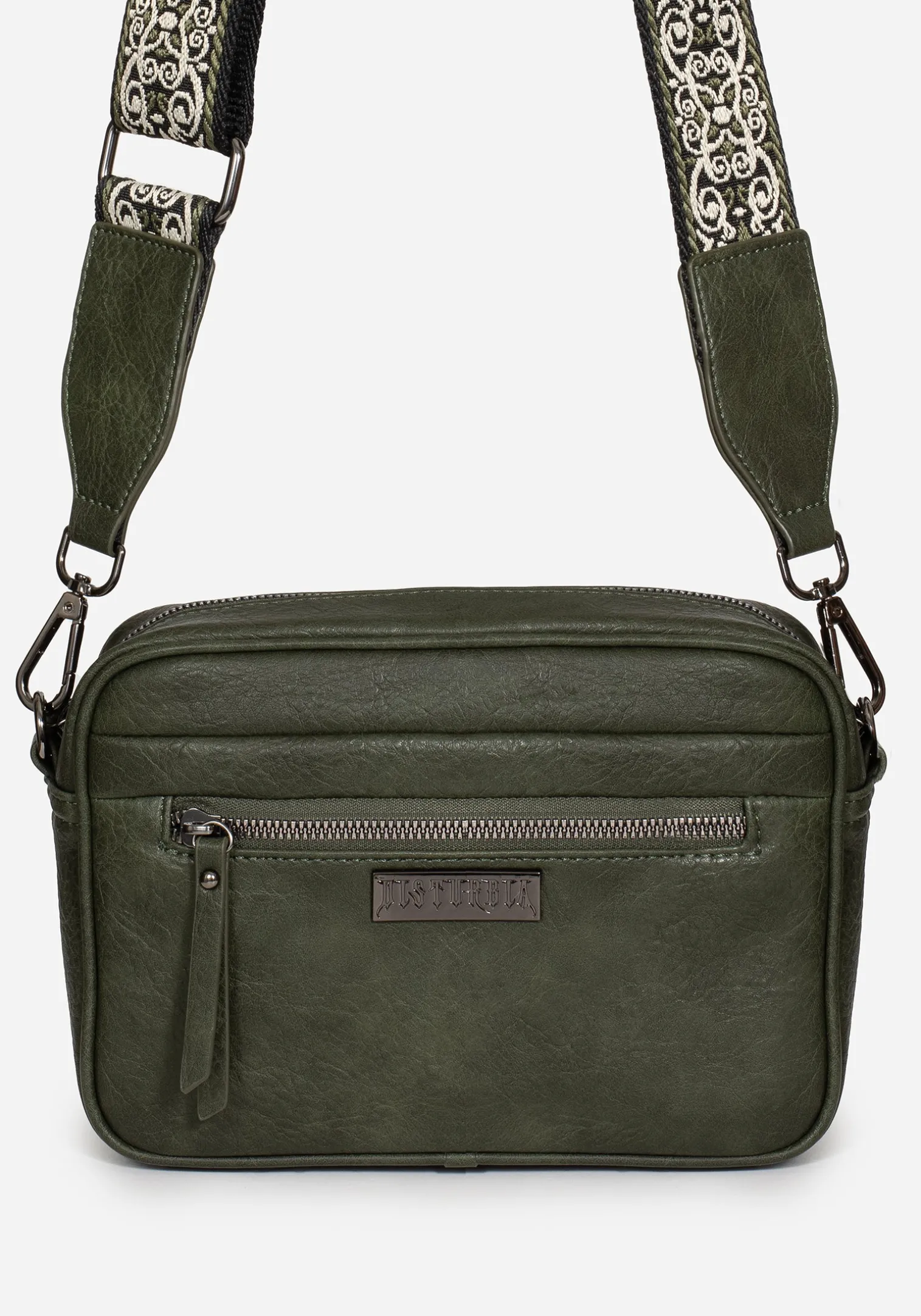 Portent Debossed Zip Front Crossbody Bag