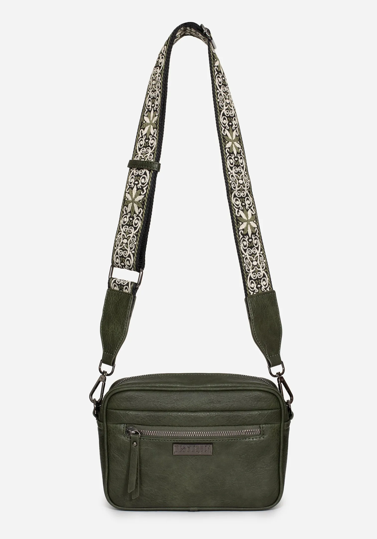 Portent Debossed Zip Front Crossbody Bag