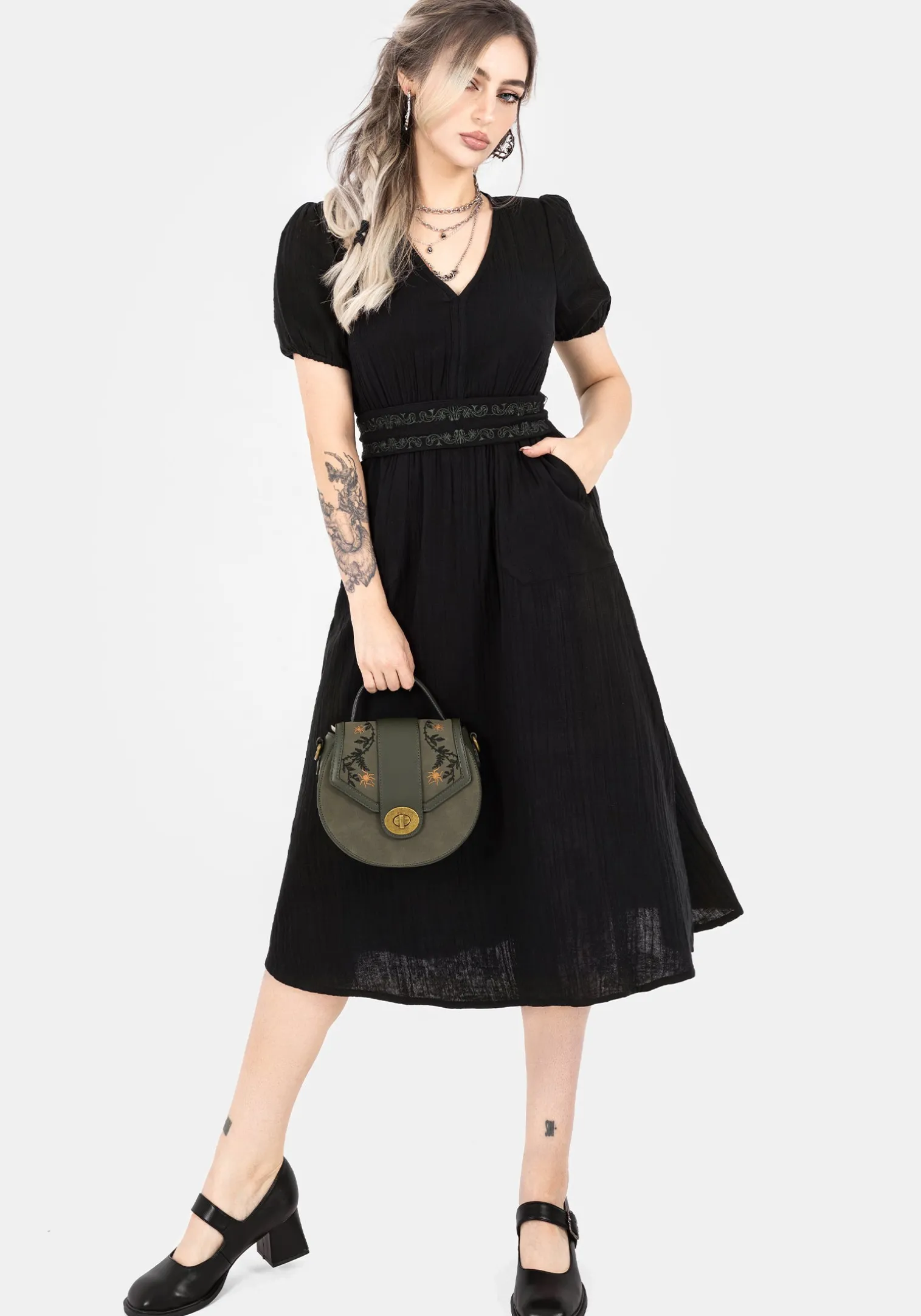 Poultice Embroidered Cotton Midi Dress - Black