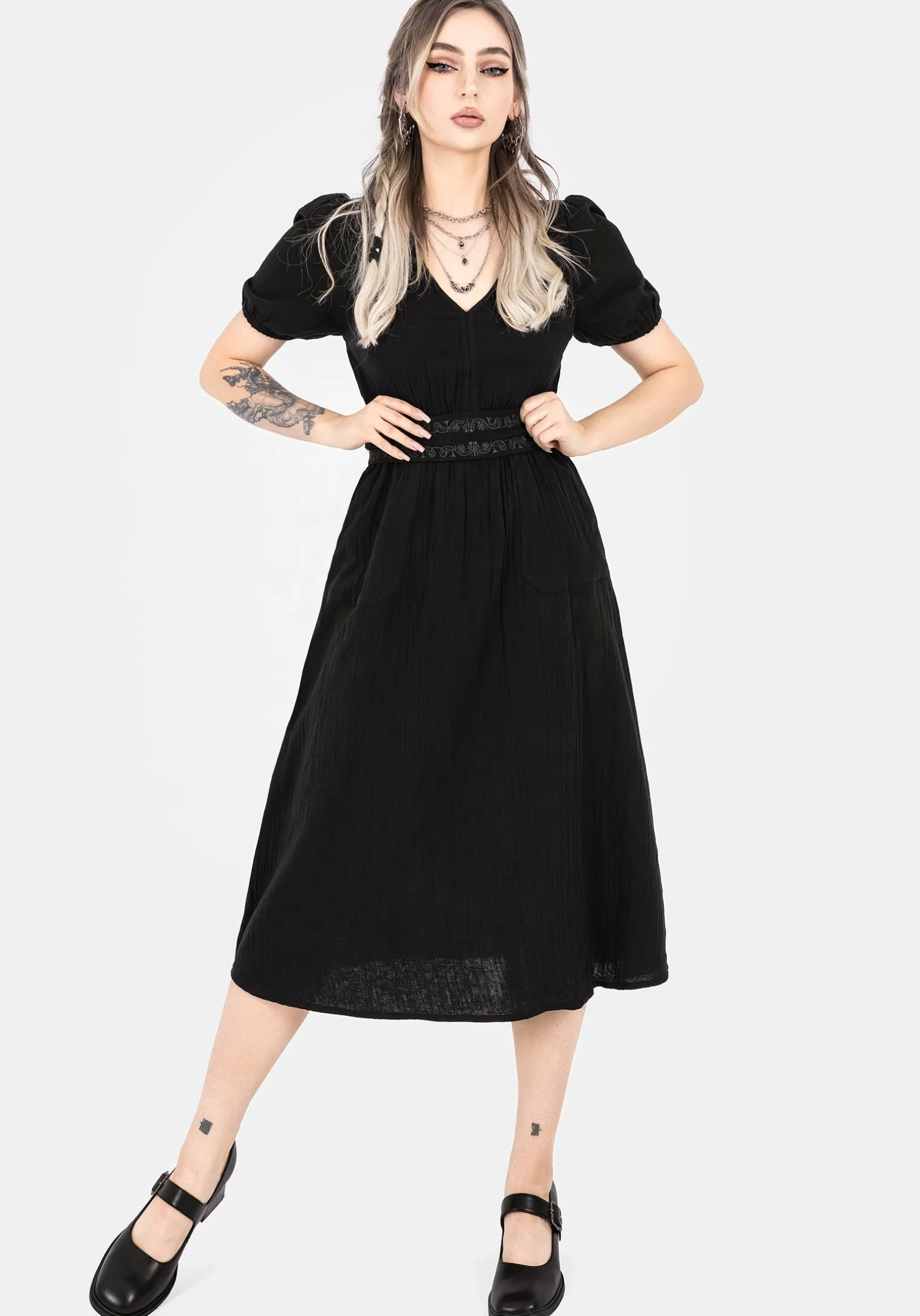 Poultice Embroidered Cotton Midi Dress - Black