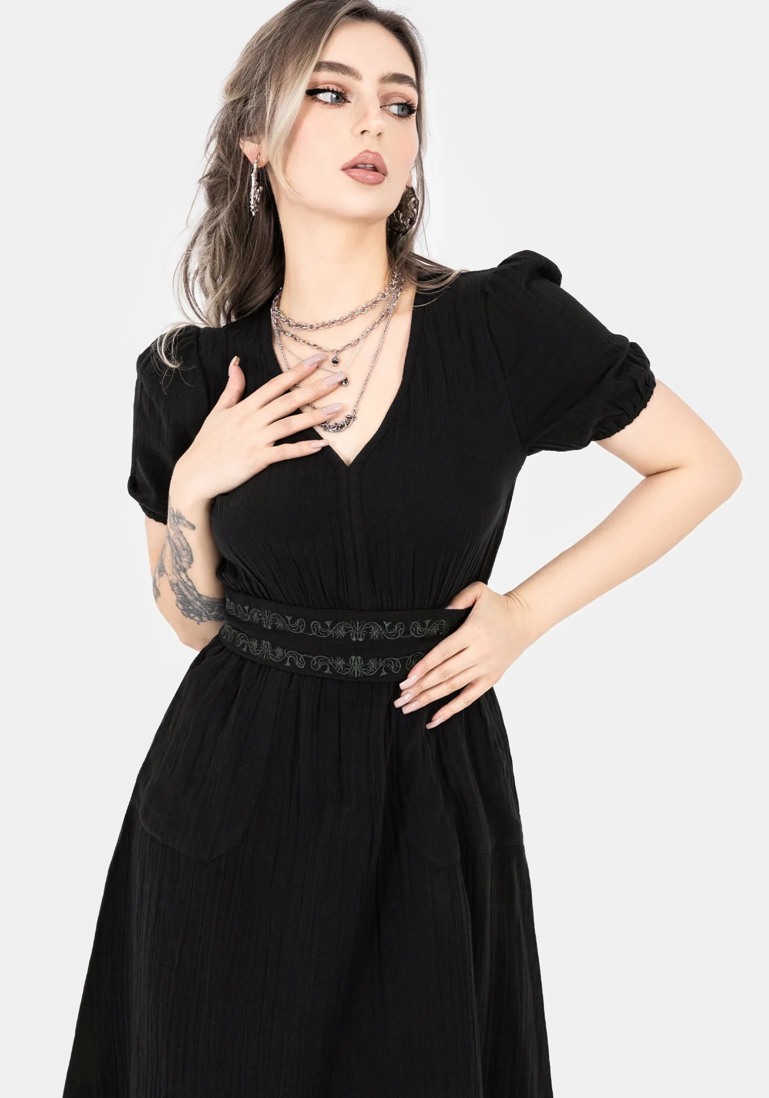 Poultice Embroidered Cotton Midi Dress - Black