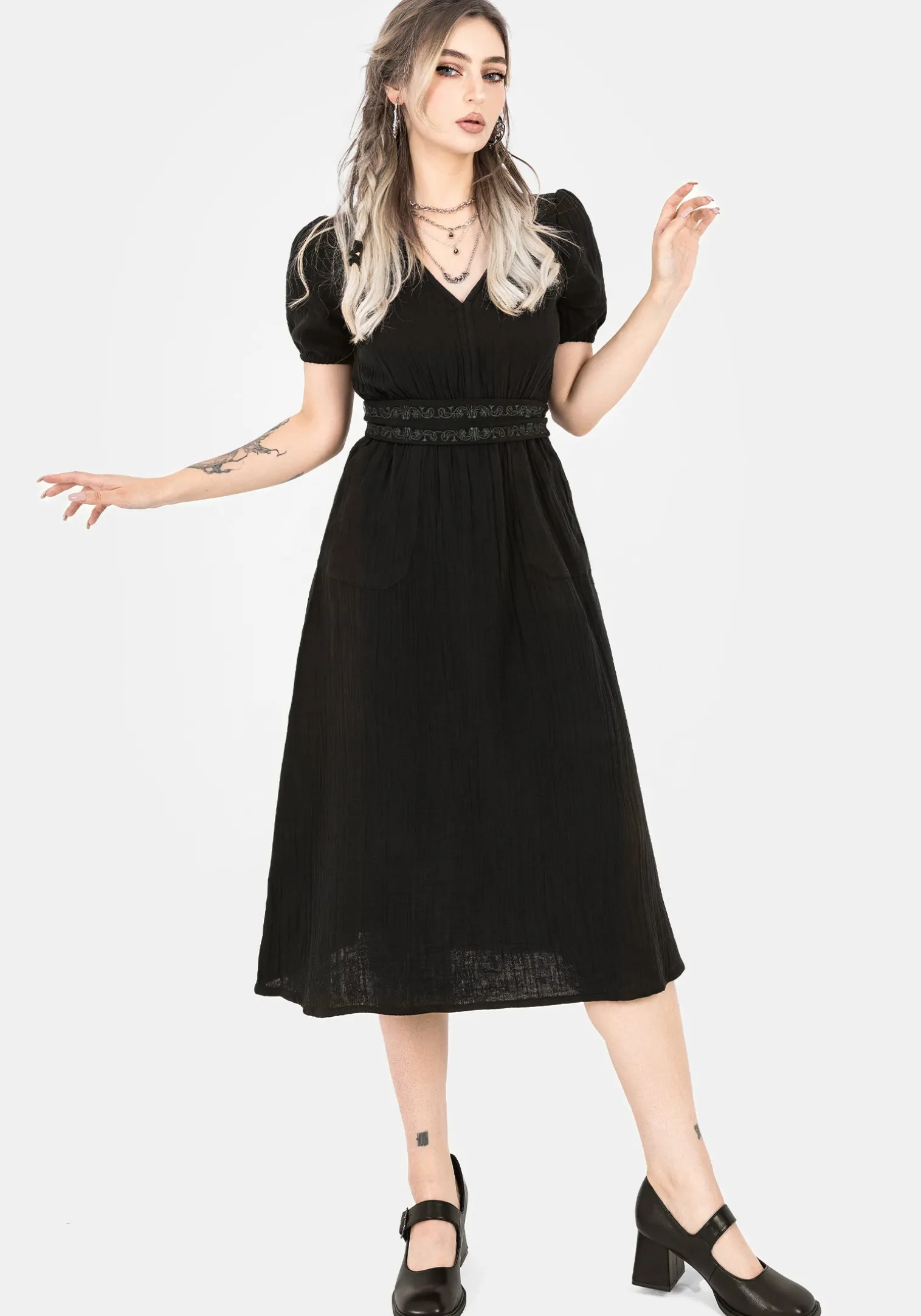 Poultice Embroidered Cotton Midi Dress - Black