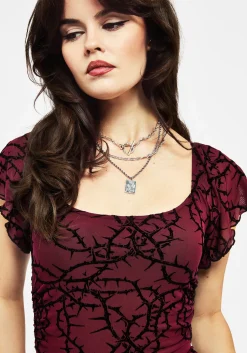 Prickle Thorn Print Mesh Cap Sleeve Top
