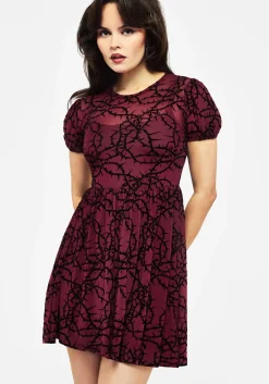 Prickle Thorn Print Mesh Puff Sleeve Mini Dress