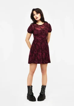 Prickle Thorn Print Mesh Puff Sleeve Mini Dress