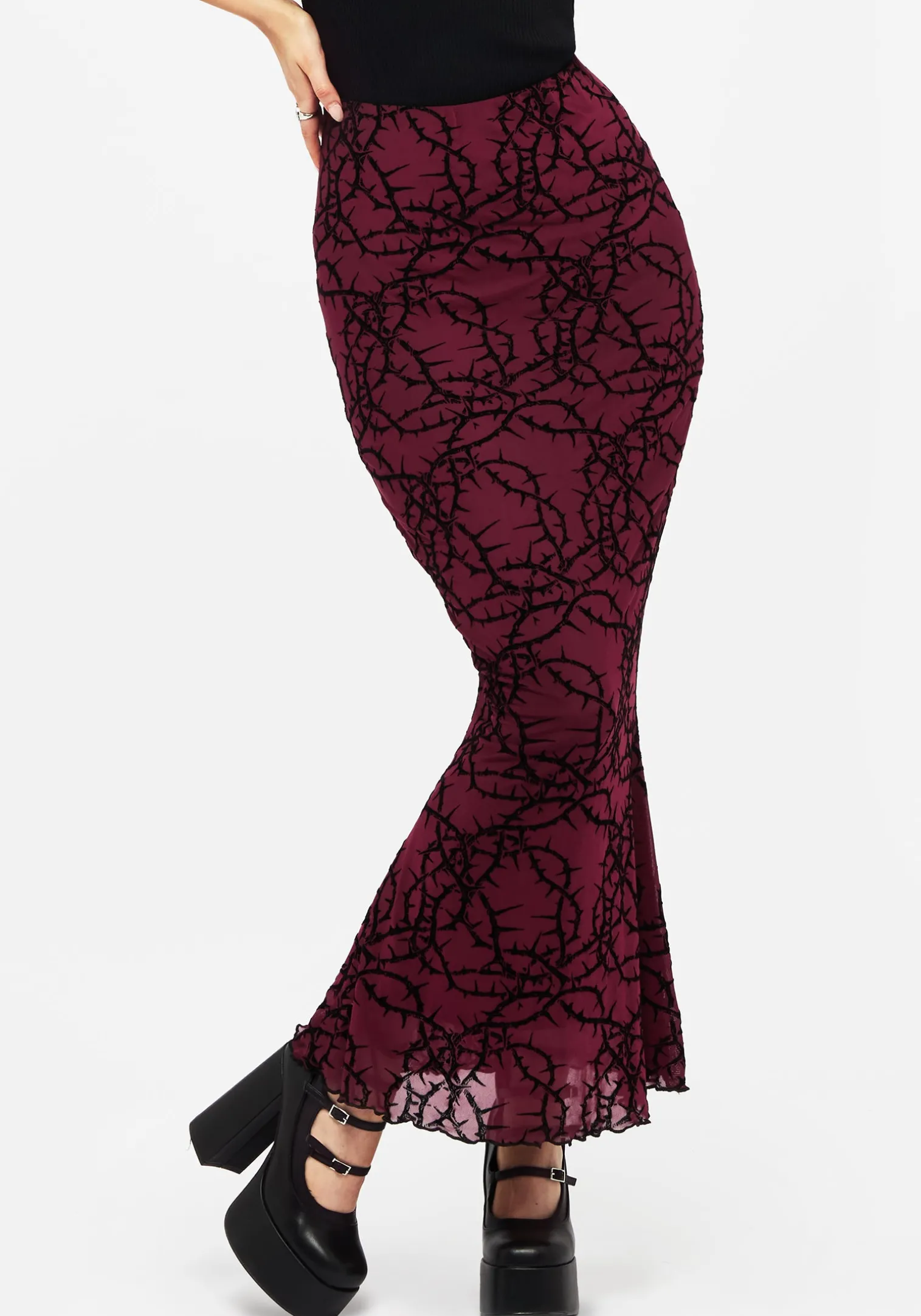 Prickle Thorn Print Mesh Mermaid Maxi Skirt