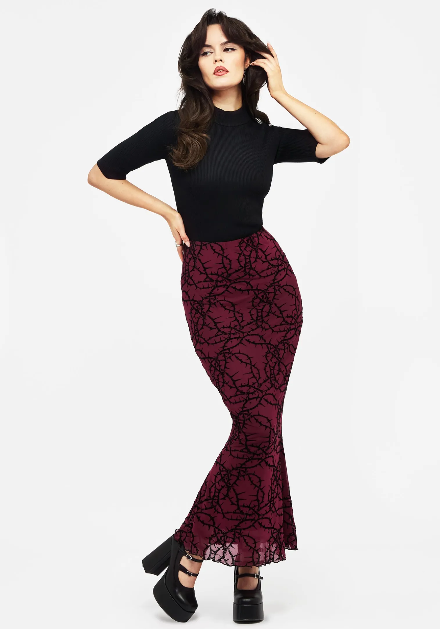 Prickle Thorn Print Mesh Mermaid Maxi Skirt