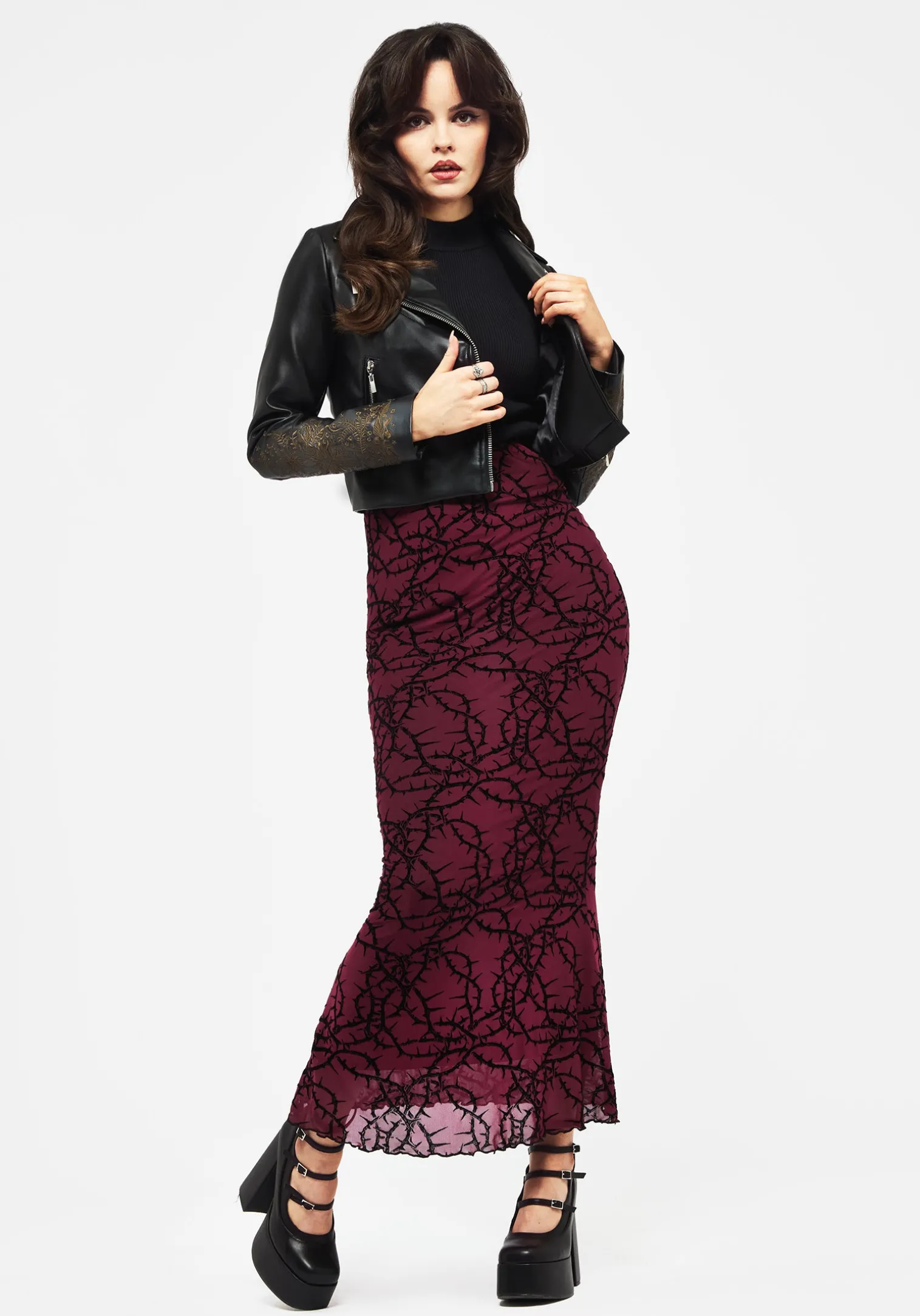 Prickle Thorn Print Mesh Mermaid Maxi Skirt
