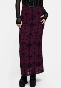 Priestess Flocked Mesh Maxi Skirt - Purple