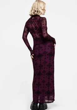 Priestess Flocked Mesh Maxi Skirt - Purple