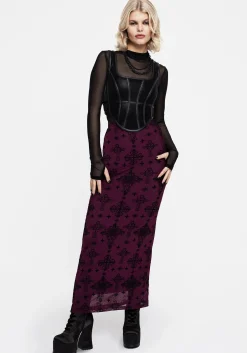 Priestess Flocked Mesh Maxi Skirt - Purple