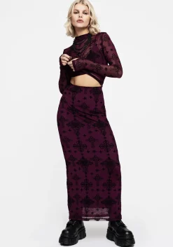Priestess Flocked Mesh Maxi Skirt - Purple