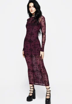 Priestess Flocked Mesh Maxi Dress - Purple