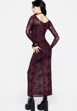 Priestess Flocked Mesh Maxi Dress - Purple