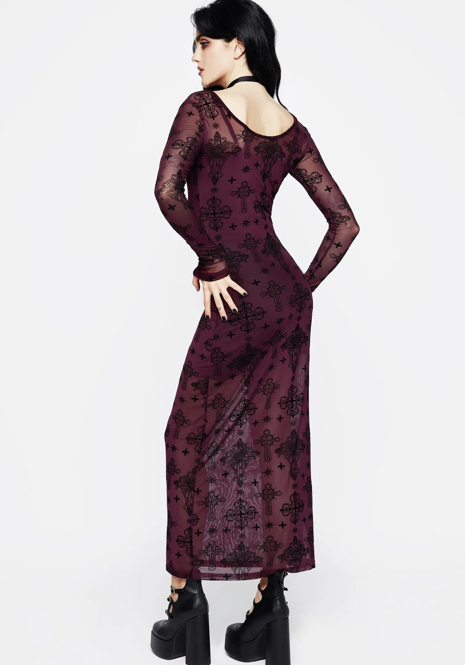 Priestess Flocked Mesh Maxi Dress - Purple