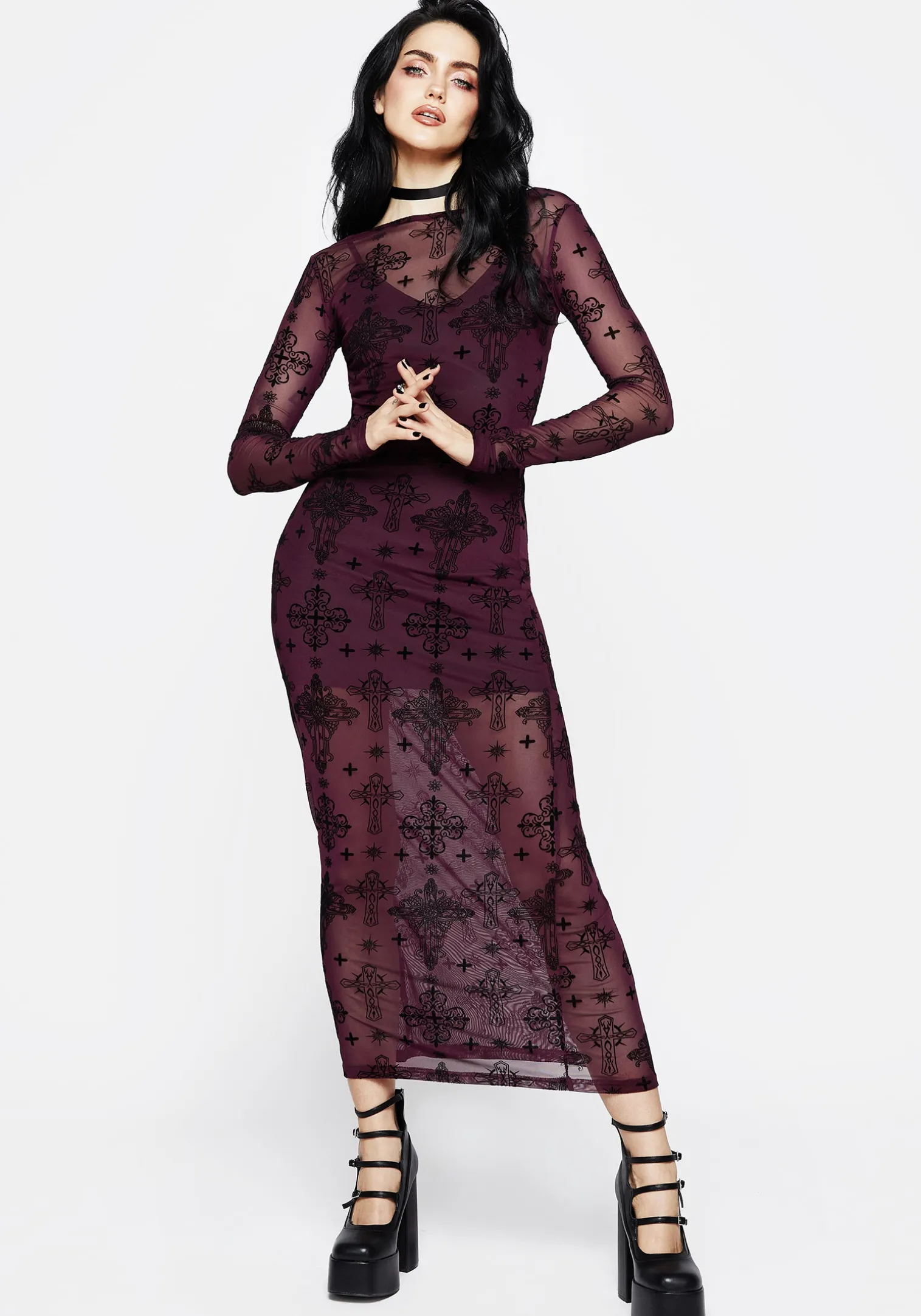 Priestess Flocked Mesh Maxi Dress - Purple