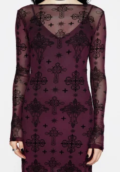 Priestess Flocked Mesh Maxi Dress - Purple