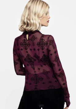 Priestess Flocked Mesh Top - Purple