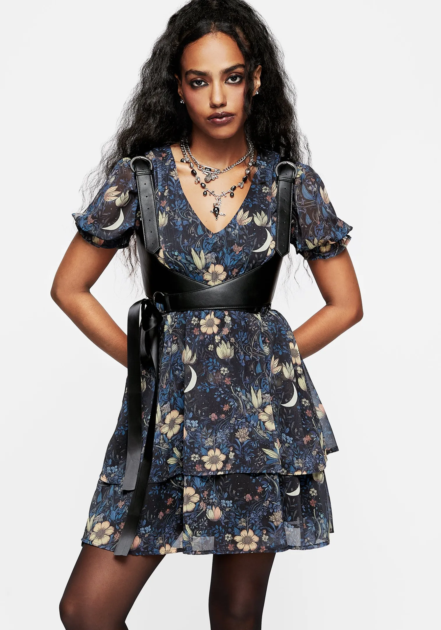 Primrose Floral Chiffon Puff Sleeve Layered Mini Dress