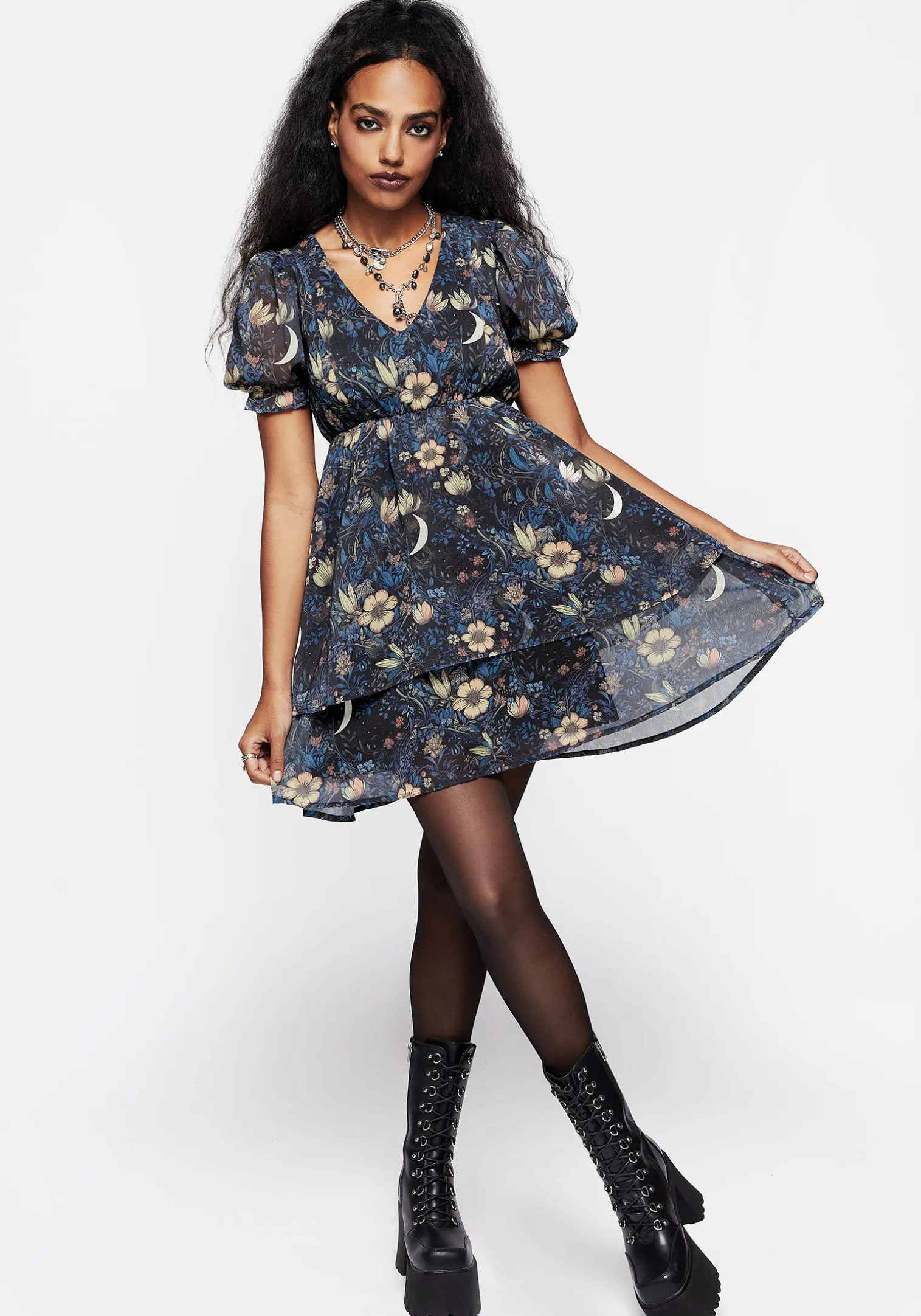 Primrose Floral Chiffon Puff Sleeve Layered Mini Dress